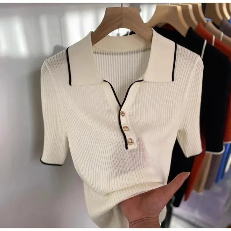 T-line S / White / Beige Polo Neck Ice Silk T-Shirt Knitted , Short Sleeve , Slim  Women's  Sweatshirt (5 - 10  work days free delivery)