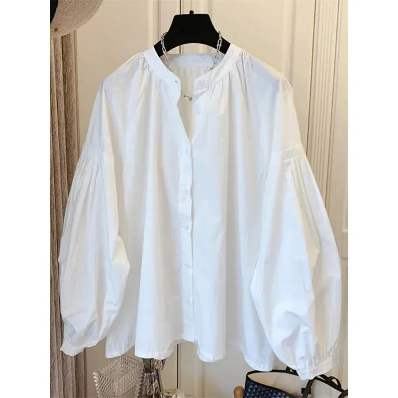 T-line S / White Lantern Sleeve Shirt, Loose Shirt, solid color,  Women's Button up Cotton Blend Shirt, blouse,  (2 weeks delivery)
