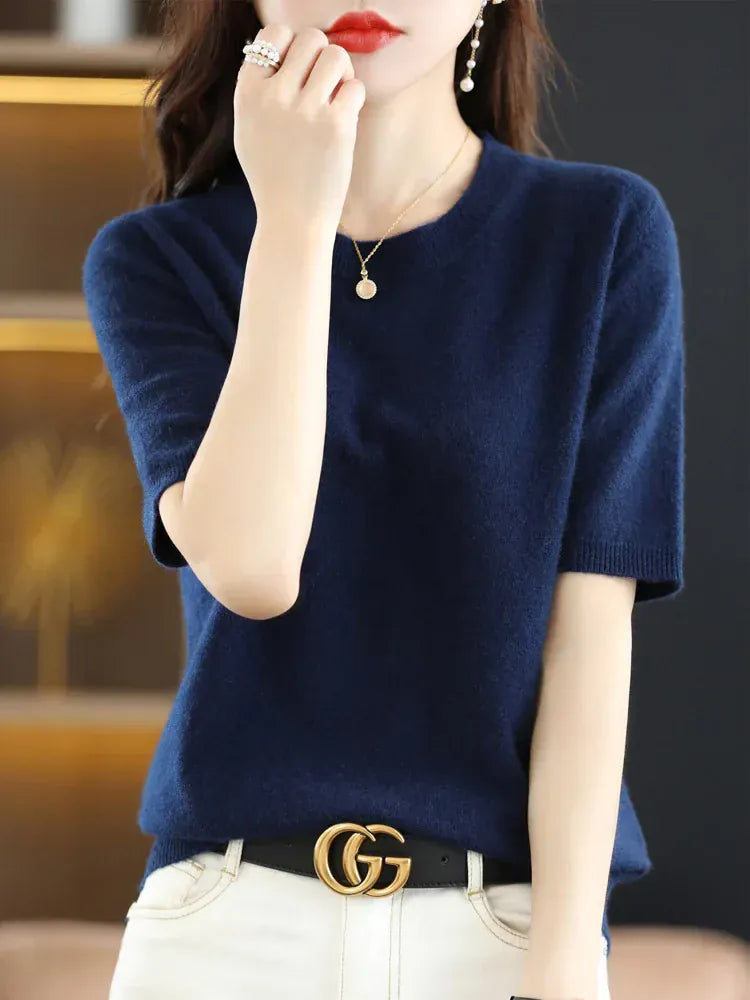 T-line Sea Blue / M / CHINA Short-sleeved Knitwear Women O-neck T-shirt,  Wool, Cotton Pullover, Sweater, Solid, Soft (2 weeks delivery)