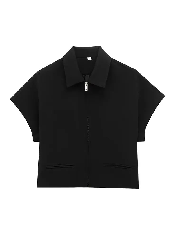 T-line Set For Women  Zipper Short Sleeve Coat Top , Wide Leg Pants Two Piece suit (5 - 10  work days free delivery)