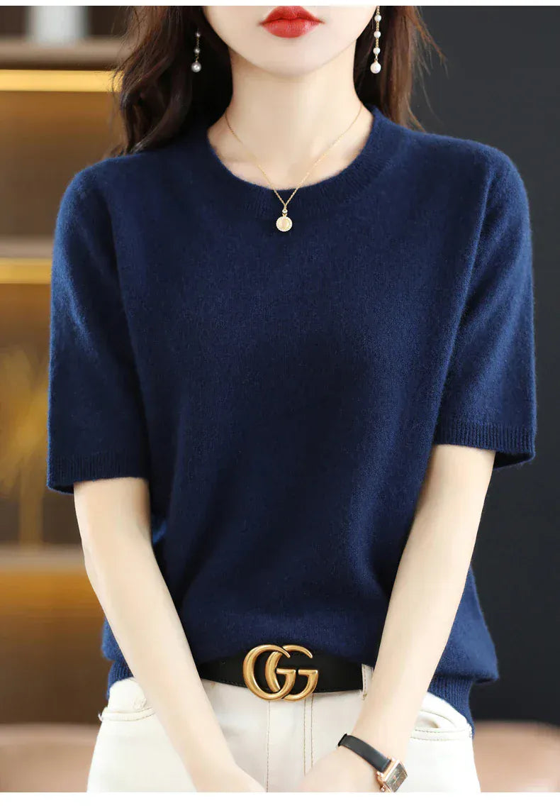 T-line Short-sleeved Knitwear Women O-neck T-shirt,  Wool, Cotton Pullover, Sweater, Solid, Soft (2 weeks delivery)