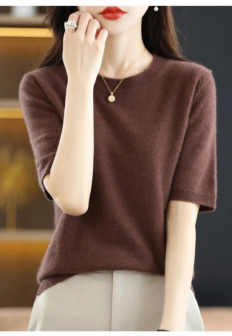 T-line Short-sleeved Knitwear Women O-neck T-shirt,  Wool, Cotton Pullover, Sweater, Solid, Soft (2 weeks delivery)