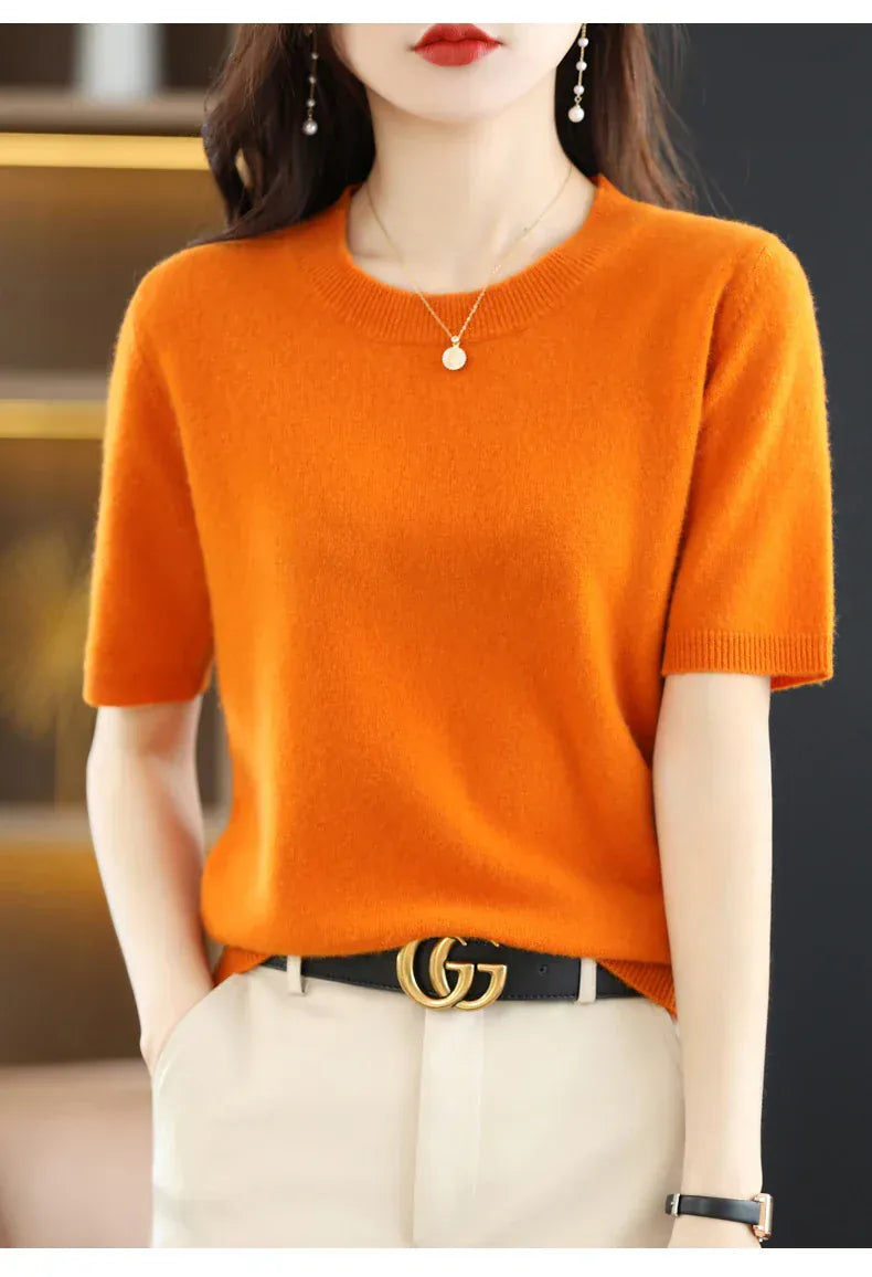 T-line Short-sleeved Knitwear Women O-neck T-shirt,  Wool, Cotton Pullover, Sweater, Solid, Soft (2 weeks delivery)