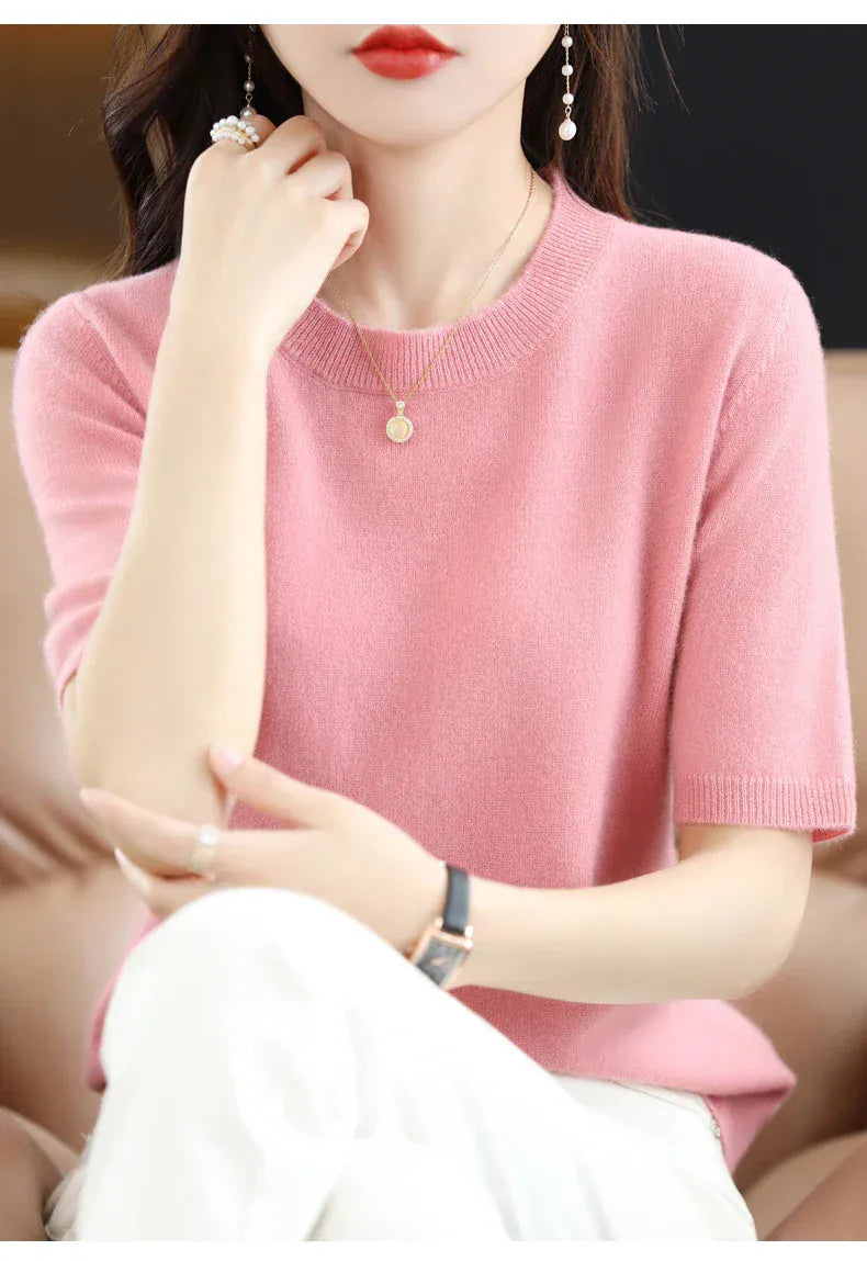 T-line Short-sleeved Knitwear Women O-neck T-shirt,  Wool, Cotton Pullover, Sweater, Solid, Soft (2 weeks delivery)
