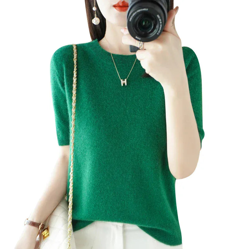 T-line Short-sleeved Knitwear Women O-neck T-shirt,  Wool, Cotton Pullover, Sweater, Solid, Soft (2 weeks delivery)