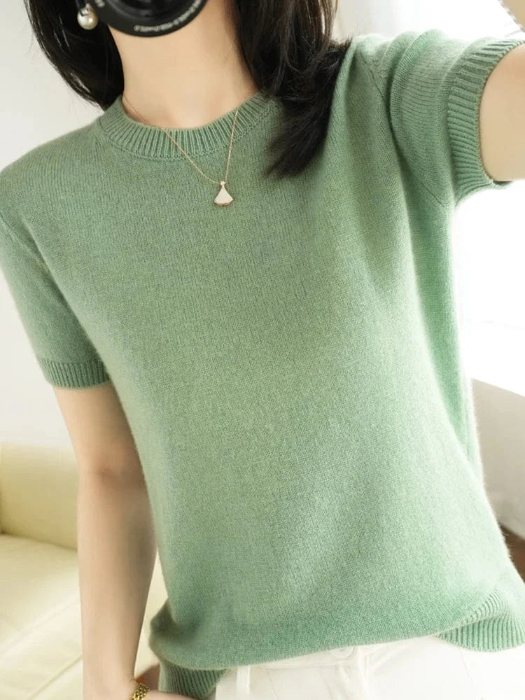 T-line Short-sleeved Knitwear Women O-neck T-shirt,  Wool, Cotton Pullover, Sweater, Solid, Soft (2 weeks delivery)