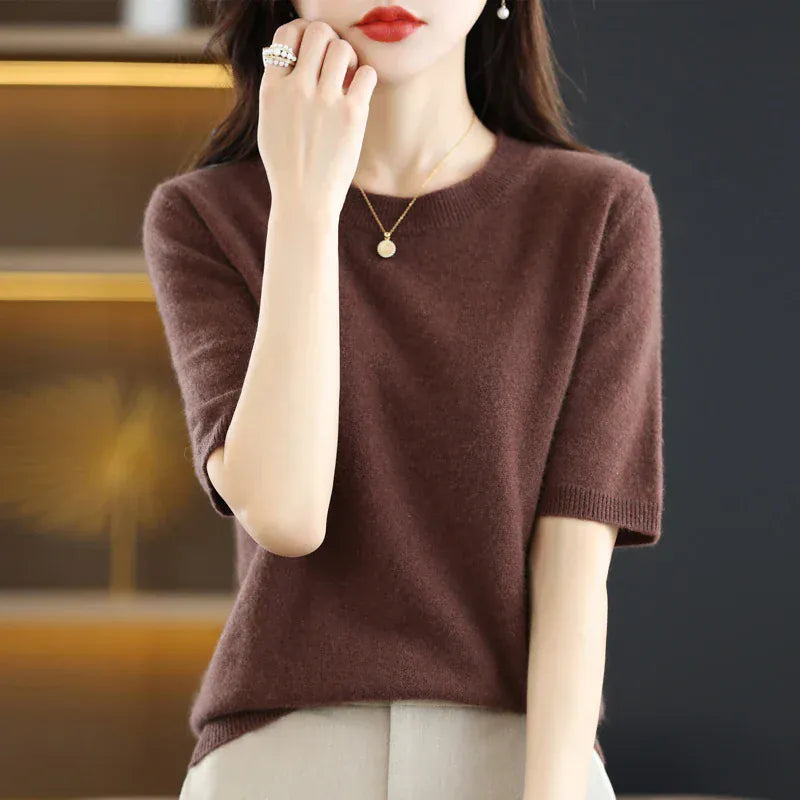T-line Short-sleeved Knitwear Women O-neck T-shirt,  Wool, Cotton Pullover, Sweater, Solid, Soft (2 weeks delivery)