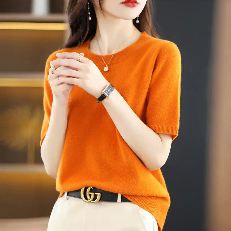 T-line Short-sleeved Knitwear Women O-neck T-shirt,  Wool, Cotton Pullover, Sweater, Solid, Soft (2 weeks delivery)