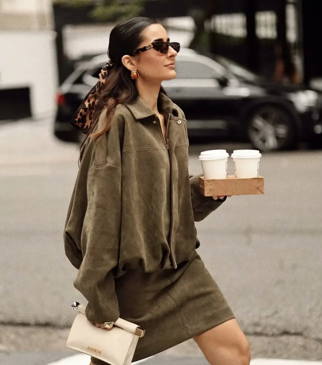 T-line skirt suit / M Women's 2026 Spring New 2-piece Fashion Suede Casual Minimalist Pilot Jacket and Shorts Skirt Set