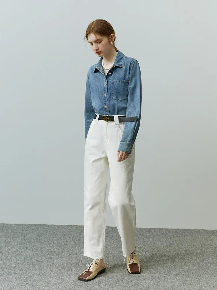 T-line Sky Blue / S Blue Soft Denim Shirt,  Female,  Autumn, Long Sleeves, V-Neck, Women Shirt, top  (2 weeks delivery)