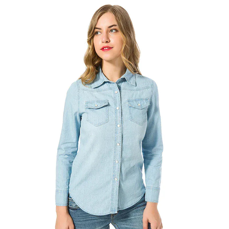 T-line Sky Blue / S Denim Shirts & Blouses Women, Long Sleeve, Top,  Single Buttons, Tops Shirts, With Pockets (2 weeks delivery)
