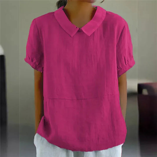 T-line Solid Color, Cotton, Linen Shirt, Women  Short Sleeve Blouse, Female Tops  (2 weeks delivery)