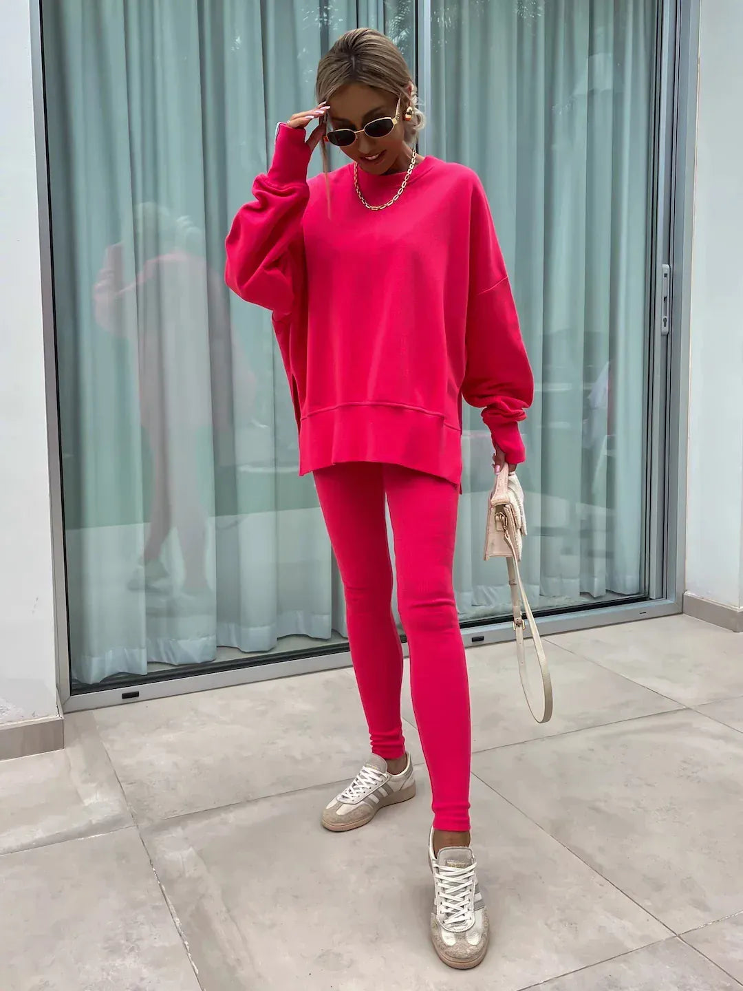 T-line solid color round neck loose pullover hoodie  suit,  yoga skinny pants und pullover,  legging,  Female two-piece set (2 weeks delivery)