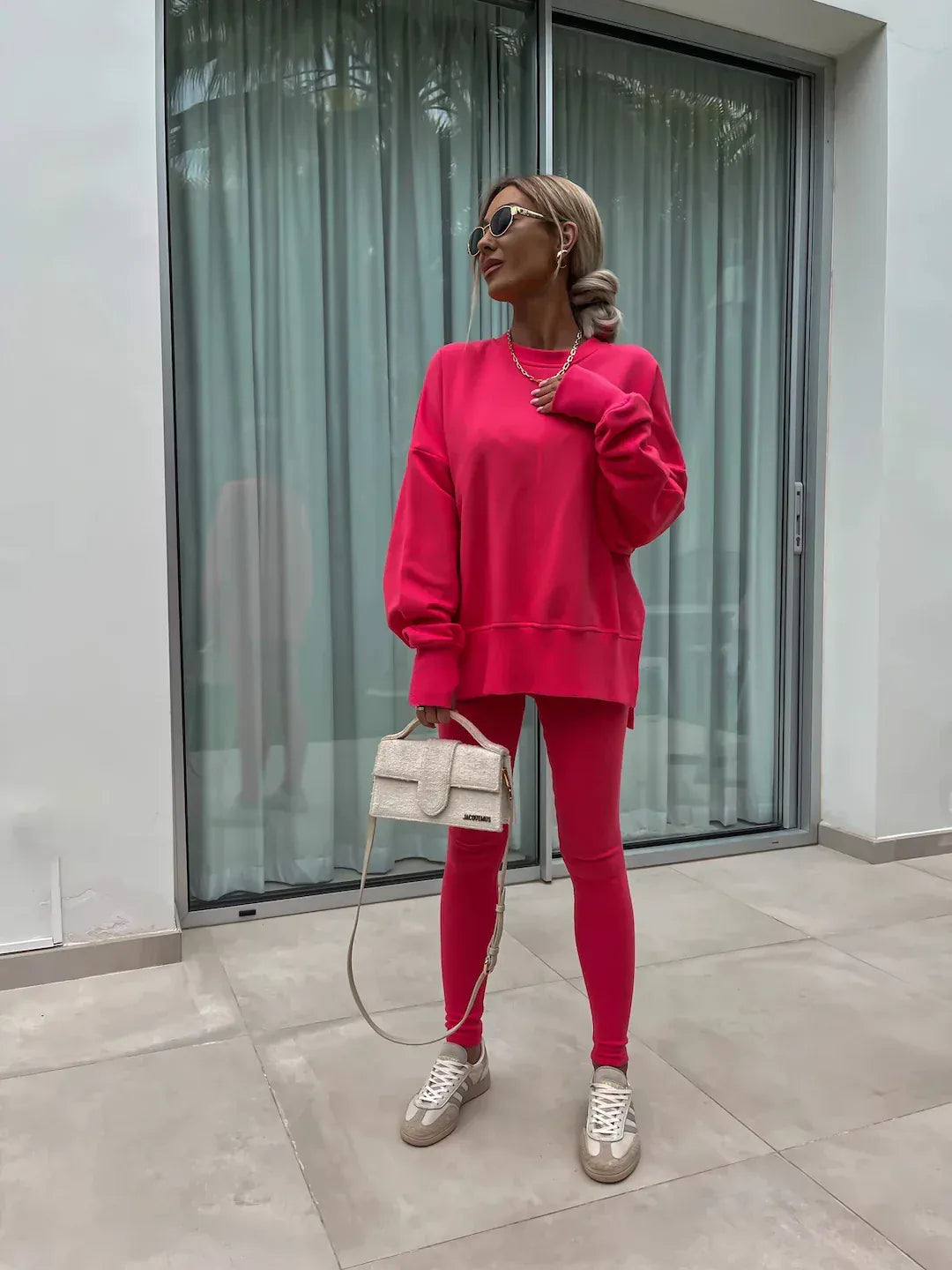 T-line solid color round neck loose pullover hoodie  suit,  yoga skinny pants und pullover,  legging,  Female two-piece set (2 weeks delivery)