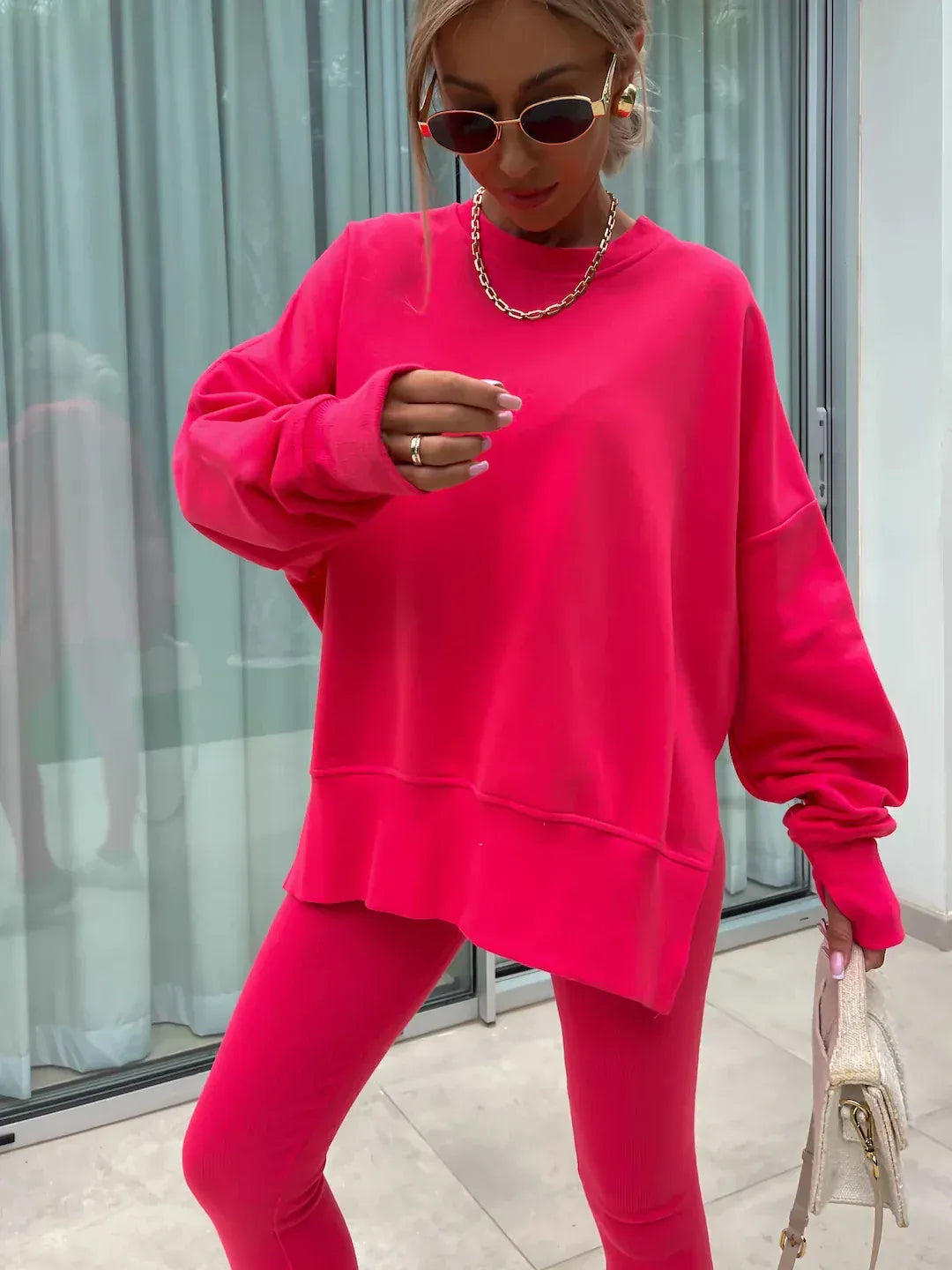 T-line solid color round neck loose pullover hoodie  suit,  yoga skinny pants und pullover,  legging,  Female two-piece set (2 weeks delivery)