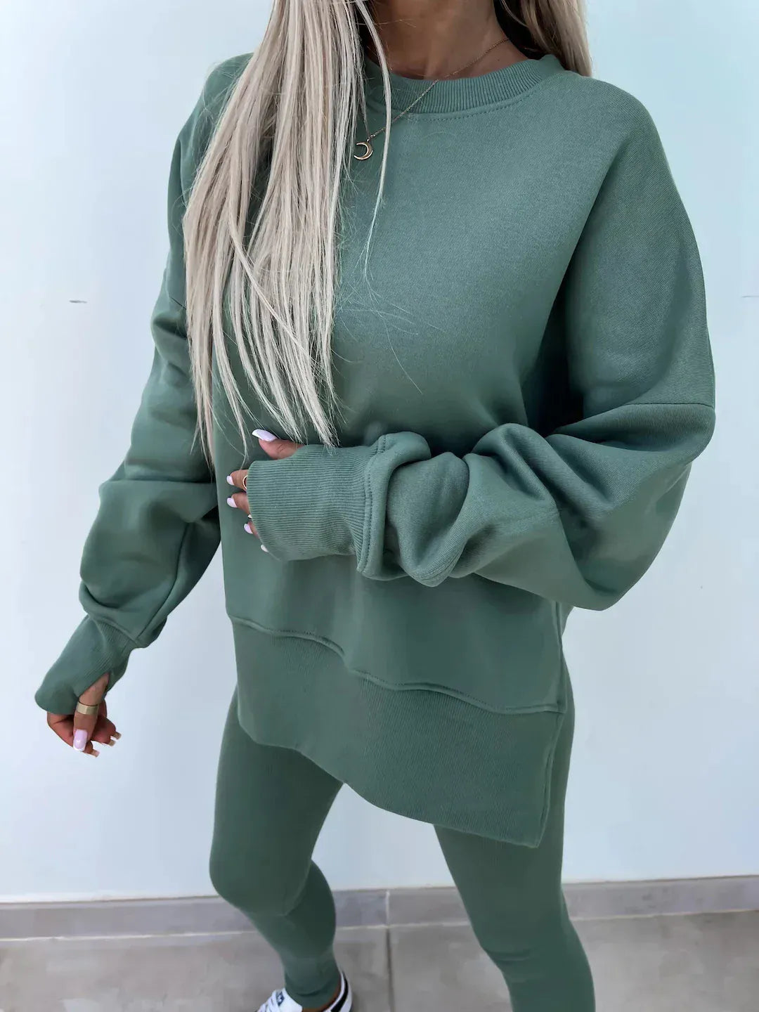 T-line solid color round neck loose pullover hoodie  suit,  yoga skinny pants und pullover,  legging,  Female two-piece set (2 weeks delivery)