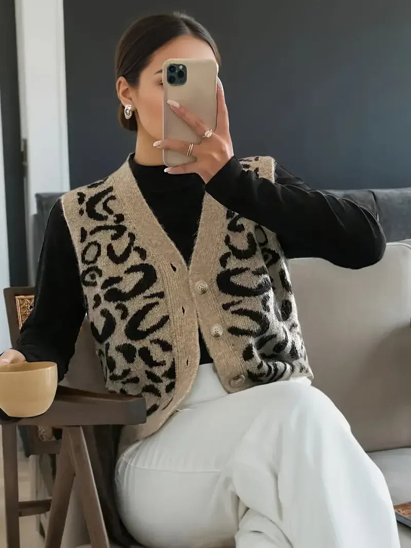 T-line Spring and summer new women's single-breasted V-neck leopard print sleeveless casual  vest knitted top(2 weeks delivery)