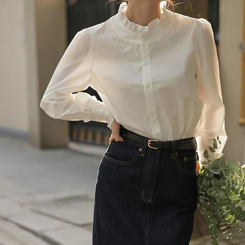 T-line Spring Summer Women Shirt ,  Ruffles Chiffon Blouses , Long Sleeved  (5 - 10  work days free delivery)