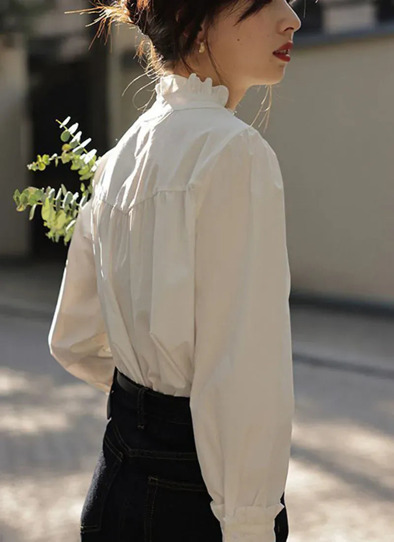 T-line Spring Summer Women Shirt ,  Ruffles Chiffon Blouses , Long Sleeved  (5 - 10  work days free delivery)