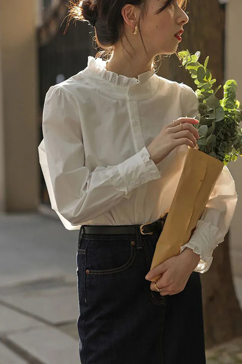 T-line Spring Summer Women Shirt ,  Ruffles Chiffon Blouses , Long Sleeved  (5 - 10  work days free delivery)