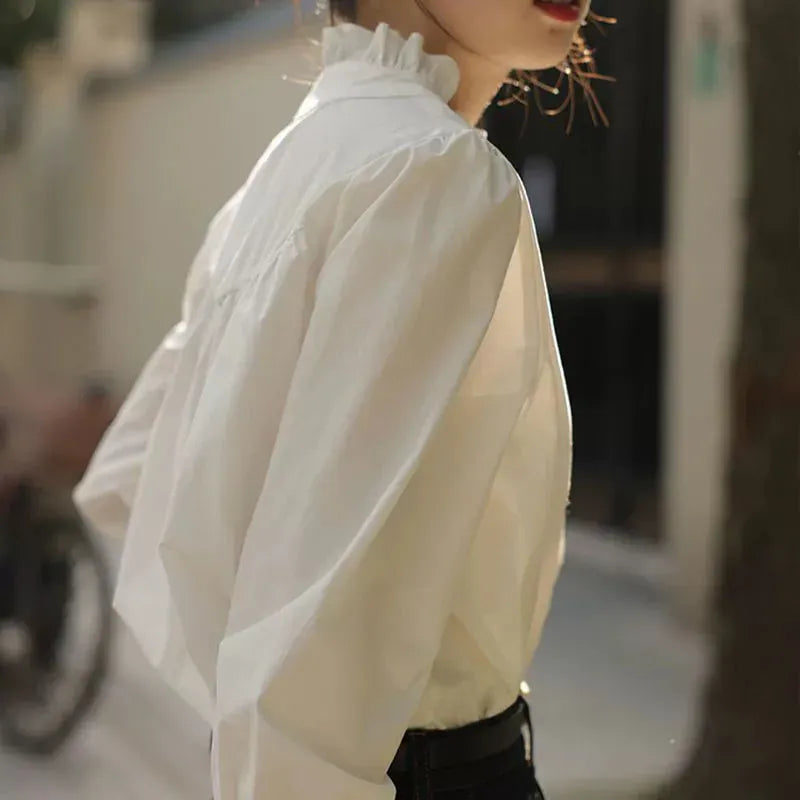 T-line Spring Summer Women Shirt ,  Ruffles Chiffon Blouses , Long Sleeved  (5 - 10  work days free delivery)
