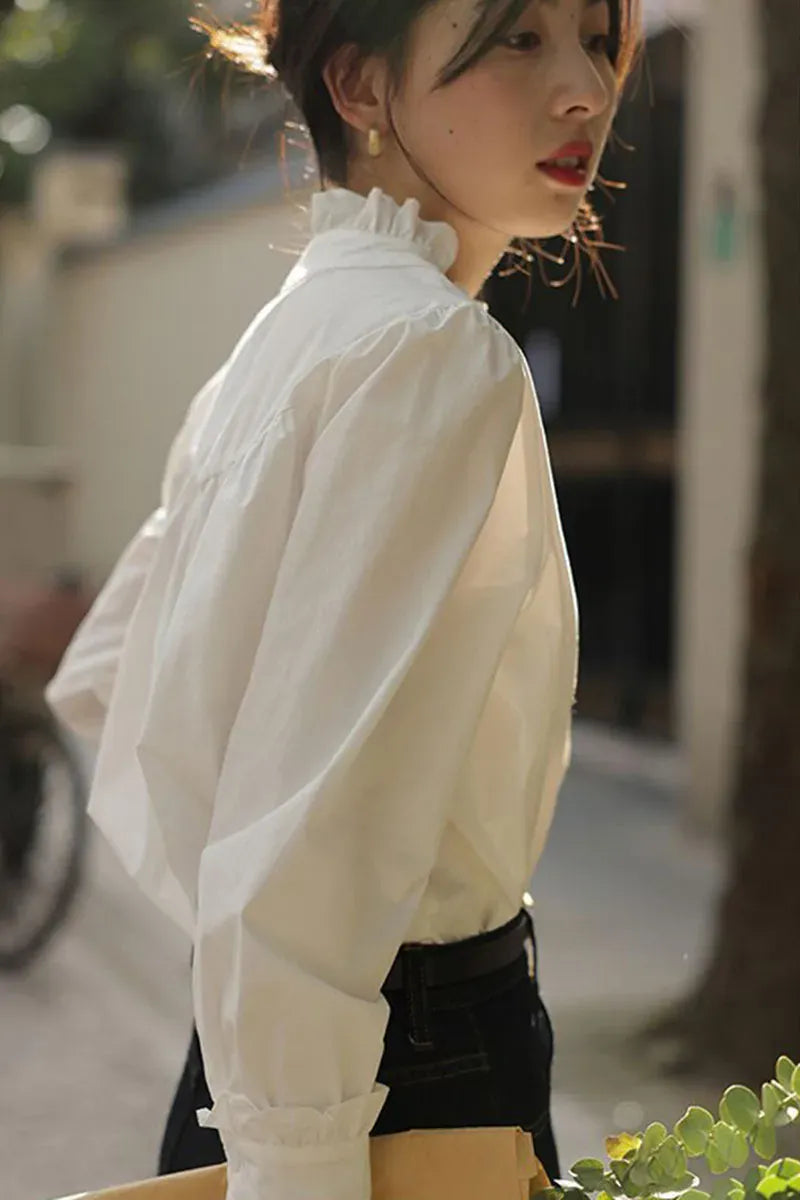 T-line Spring Summer Women Shirt ,  Ruffles Chiffon Blouses , Long Sleeved  (5 - 10  work days free delivery)