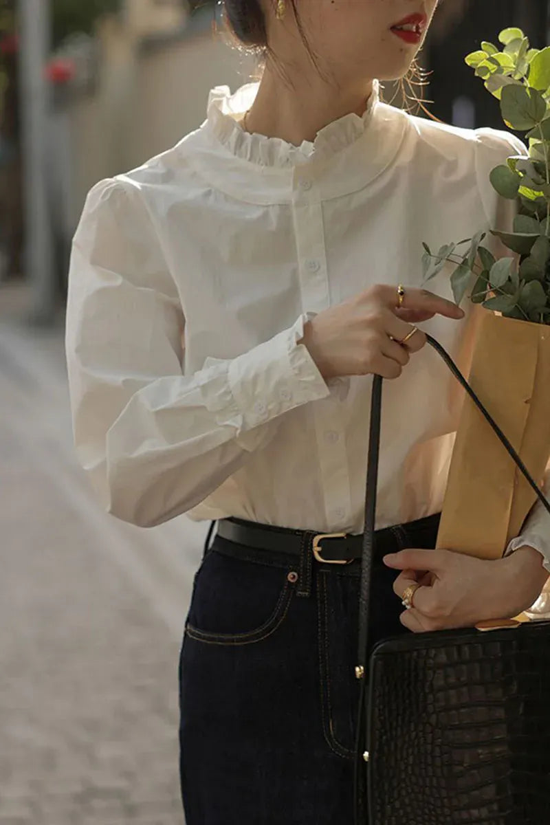 T-line Spring Summer Women Shirt ,  Ruffles Chiffon Blouses , Long Sleeved  (5 - 10  work days free delivery)
