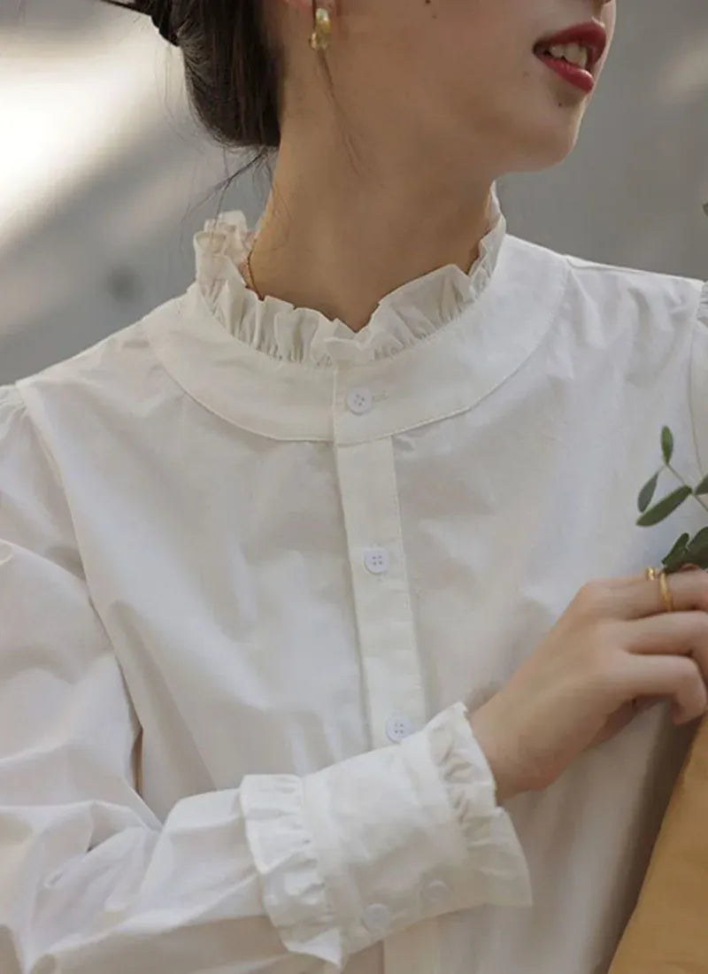 T-line Spring Summer Women Shirt ,  Ruffles Chiffon Blouses , Long Sleeved  (5 - 10  work days free delivery)
