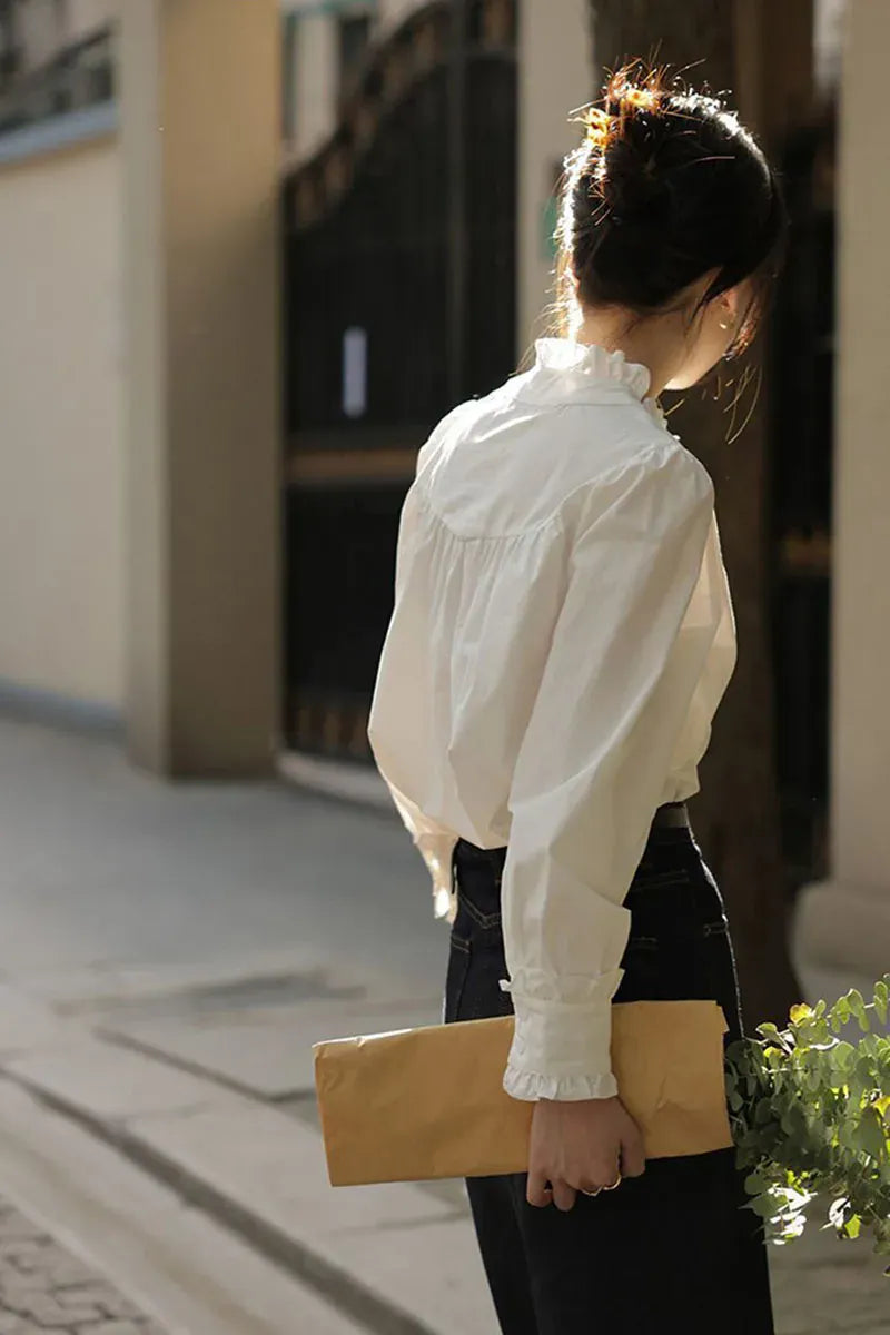 T-line Spring Summer Women Shirt ,  Ruffles Chiffon Blouses , Long Sleeved  (5 - 10  work days free delivery)