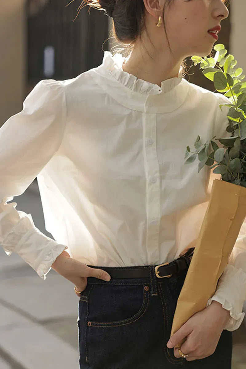 T-line Spring Summer Women Shirt ,  Ruffles Chiffon Blouses , Long Sleeved  (5 - 10  work days free delivery)