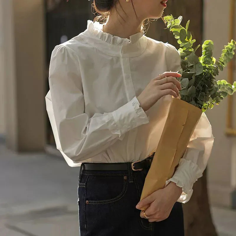 T-line Spring Summer Women Shirt ,  Ruffles Chiffon Blouses , Long Sleeved  (5 - 10  work days free delivery)
