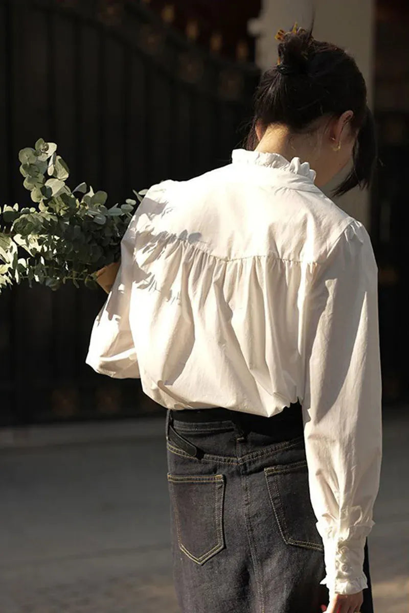 T-line Spring Summer Women Shirt ,  Ruffles Chiffon Blouses , Long Sleeved  (5 - 10  work days free delivery)