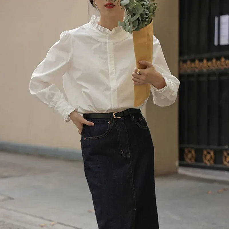 T-line Spring Summer Women Shirt ,  Ruffles Chiffon Blouses , Long Sleeved  (5 - 10  work days free delivery)