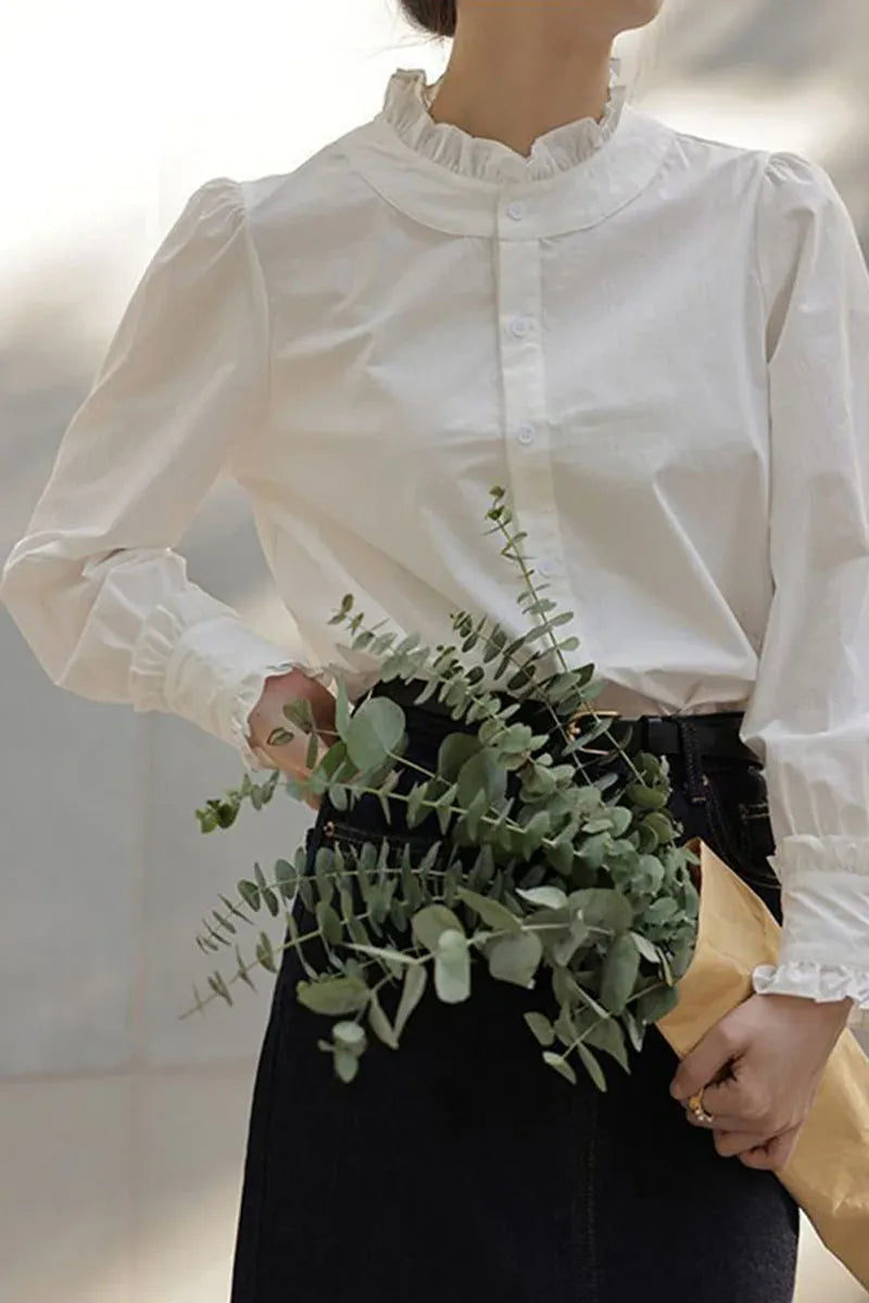 T-line Spring Summer Women Shirt ,  Ruffles Chiffon Blouses , Long Sleeved  (5 - 10  work days free delivery)