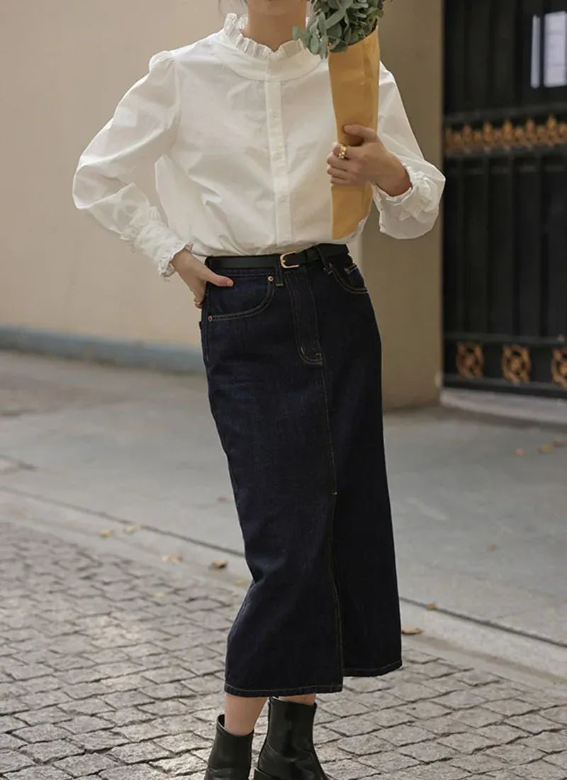 T-line Spring Summer Women Shirt ,  Ruffles Chiffon Blouses , Long Sleeved  (5 - 10  work days free delivery)