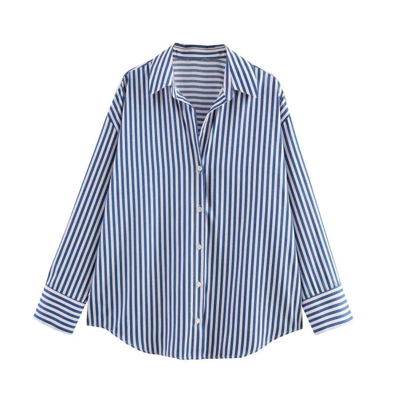 T-line Striped Blue / XS women's  striped, long sleeve, lapel, loose,  poplin shirt multi-color (2 weeks delivery)