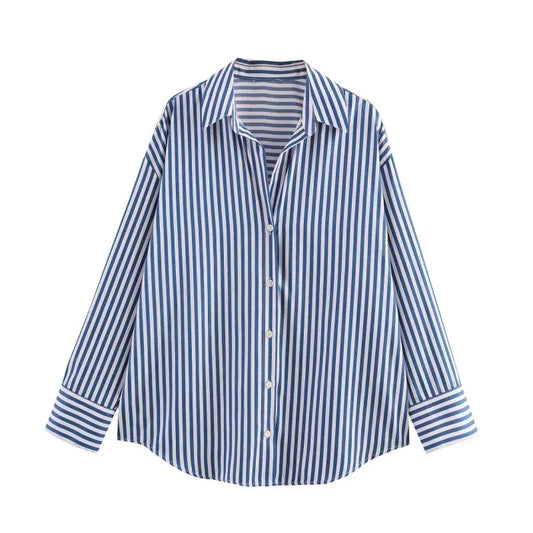 T-line Striped Blue / XS women's  striped, long sleeve, lapel, loose,  poplin shirt multi-color (2 weeks delivery)
