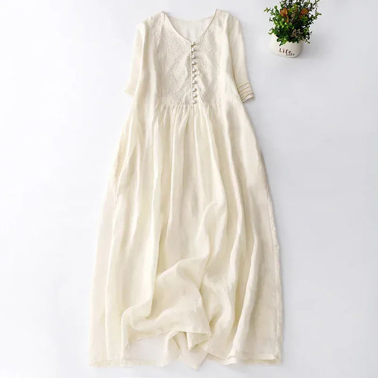 T-line Summer  Cotton Linen Solid Color V-neck Dress (2 weeks delivery)