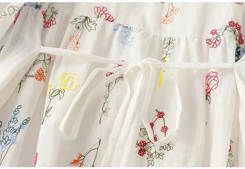 T-line Summer  Lightweight Printed Cotton Linen Wide Skirt Women's  Round Neck Half Sleeve Dress (2 weeks delivery)