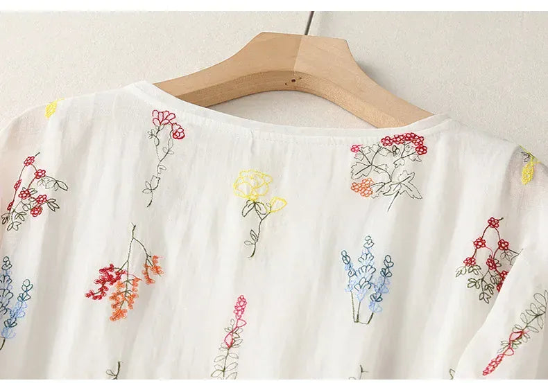 T-line Summer  Lightweight Printed Cotton Linen Wide Skirt Women's  Round Neck Half Sleeve Dress (2 weeks delivery)