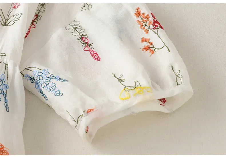 T-line Summer  Lightweight Printed Cotton Linen Wide Skirt Women's  Round Neck Half Sleeve Dress (2 weeks delivery)