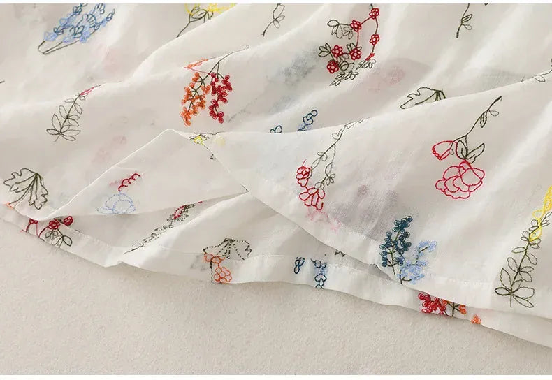 T-line Summer  Lightweight Printed Cotton Linen Wide Skirt Women's  Round Neck Half Sleeve Dress (2 weeks delivery)