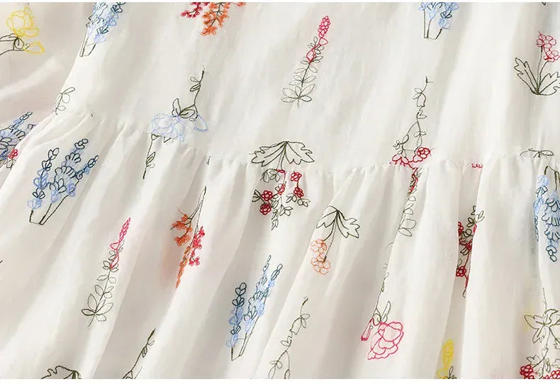 T-line Summer  Lightweight Printed Cotton Linen Wide Skirt Women's  Round Neck Half Sleeve Dress (2 weeks delivery)