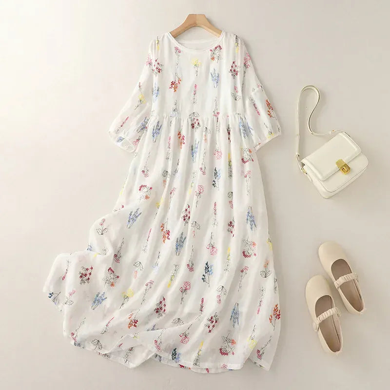T-line Summer  Lightweight Printed Cotton Linen Wide Skirt Women's  Round Neck Half Sleeve Dress (2 weeks delivery)