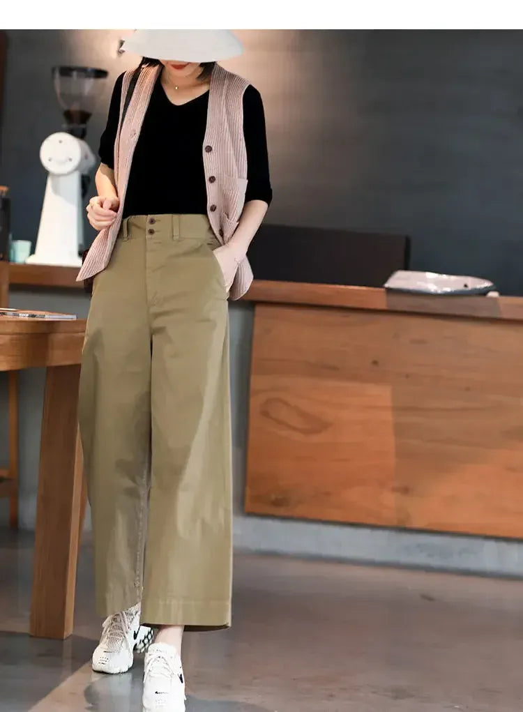 T-line Summer Pure Cotton Slim Fit High-Waisted Bell Bottoms Women's, Loose-Fit Comfortable Pants, trouser (2 weeks delivery)