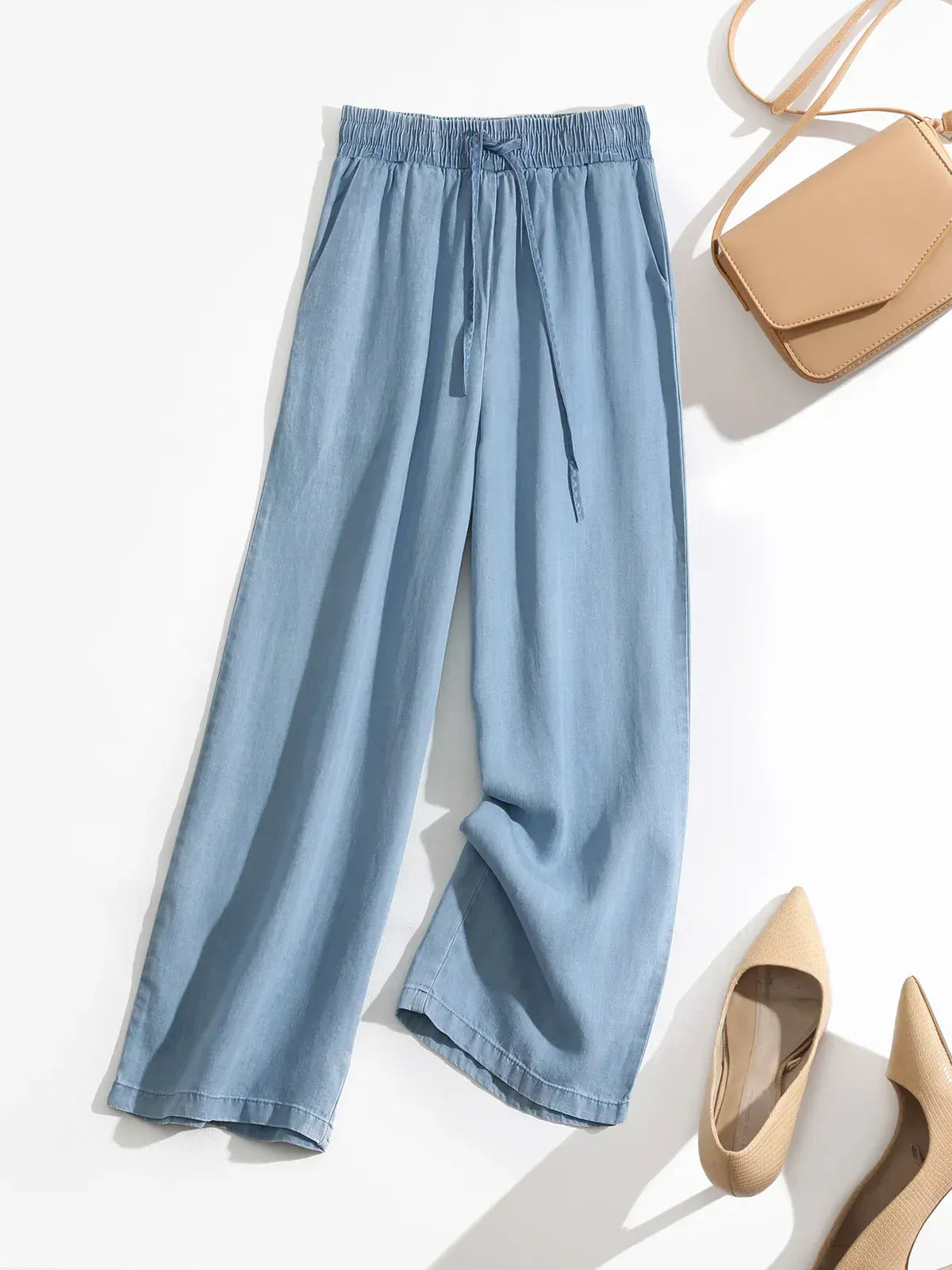 T-line Summer, Thin,  High Waist, Silk, Wide Leg, Jeans Women, Loose, Ice Silk, Straight Leg Pants, L Long Trousers (2 weeks delivery)
