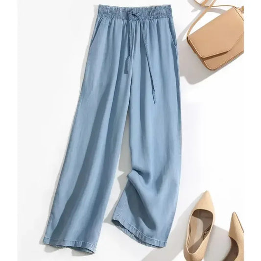 T-line Summer, Thin,  High Waist, Silk, Wide Leg, Jeans Women, Loose, Ice Silk, Straight Leg Pants, L Long Trousers (2 weeks delivery)