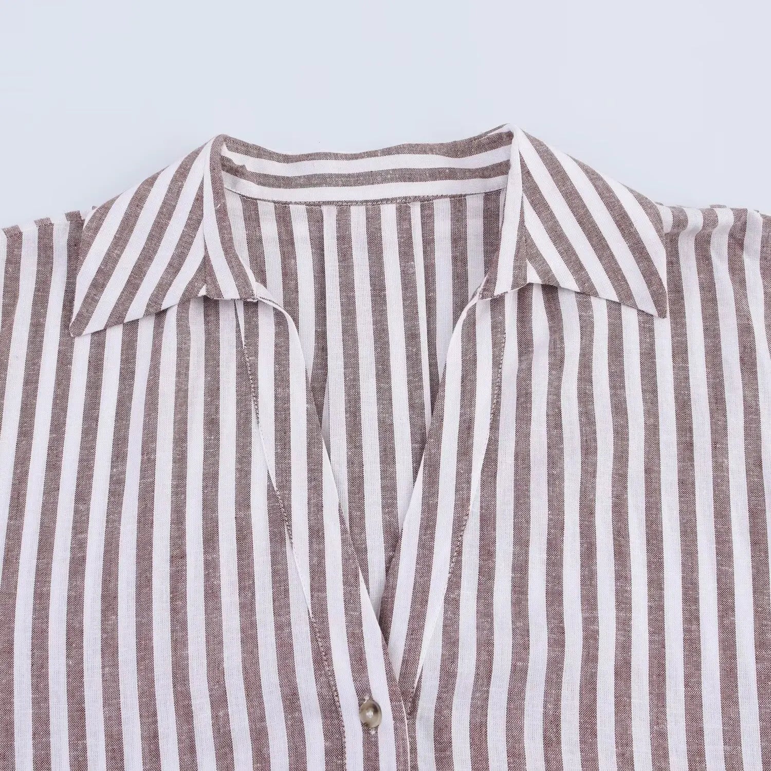 T-line Summer Women's Curled Wide Sleeves Linen Blended Striped Asymmetric Casual Shirt Versatile Collar Linen Blended Printed Shirt