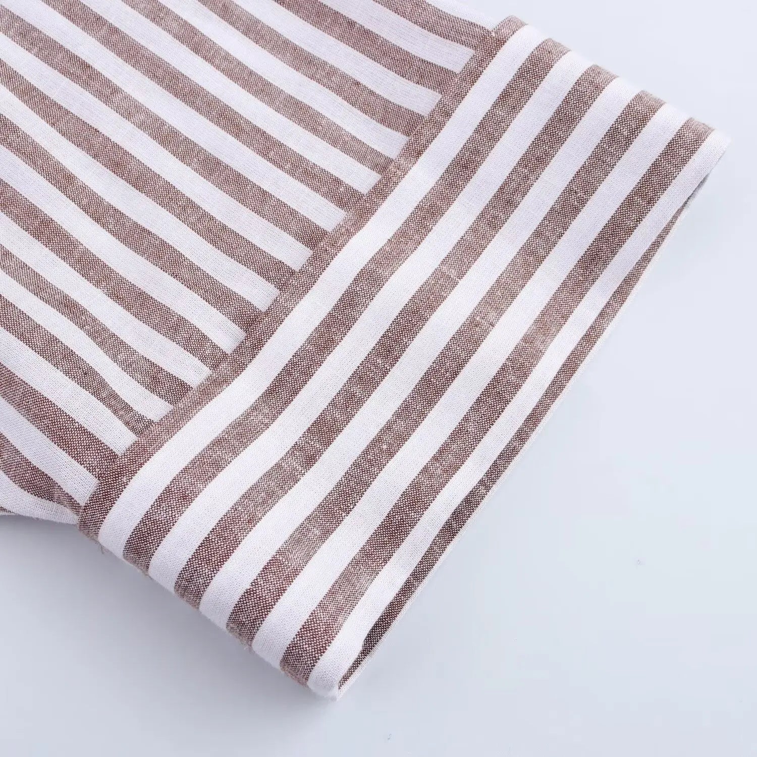 T-line Summer Women's Curled Wide Sleeves Linen Blended Striped Asymmetric Casual Shirt Versatile Collar Linen Blended Printed Shirt