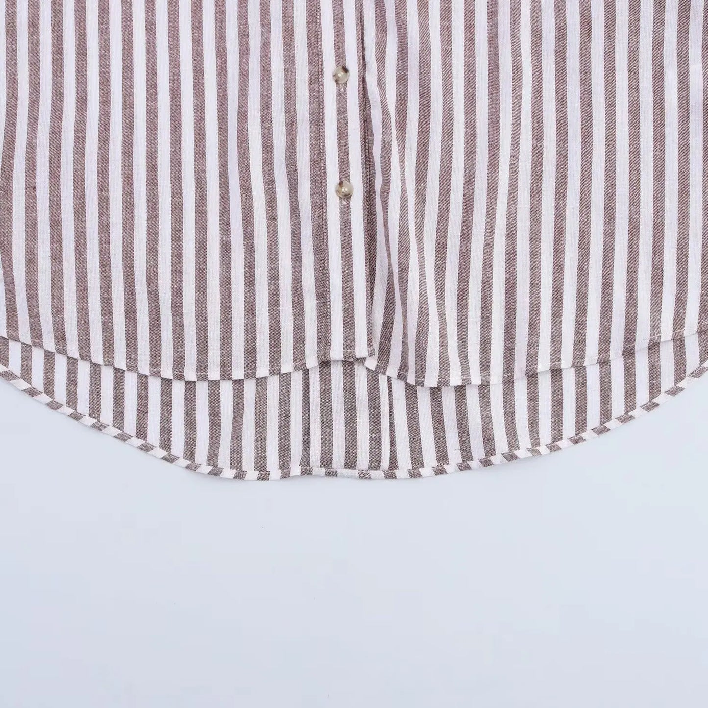 T-line Summer Women's Curled Wide Sleeves Linen Blended Striped Asymmetric Casual Shirt Versatile Collar Linen Blended Printed Shirt